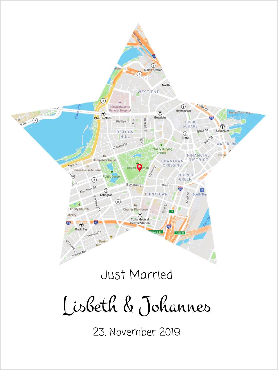 Hochzeitsgeschenk | Koordinaten Poster Stern im Stadtkarte Design | Geschenkidee Hochzeit  -Valentinstaggeschenk | Geburtstagsgeschenk