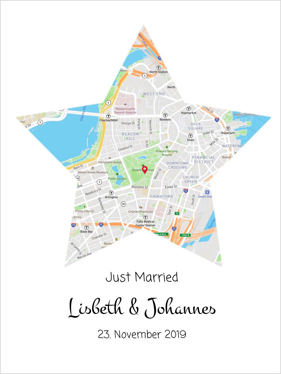 Hochzeitsgeschenk | Koordinaten Poster Stern im Stadtkarte Design | Geschenkidee Hochzeit  -Valentinstaggeschenk | Geburtstagsgeschenk