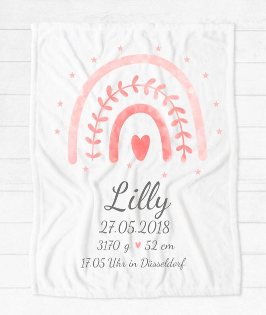 Kuscheliges Geburtsgeschenk Babydecke personalisiert, Geschenk zur Geburt, zur Taufe, Taufgeschenk, Fleecedecke mit Regenbogen