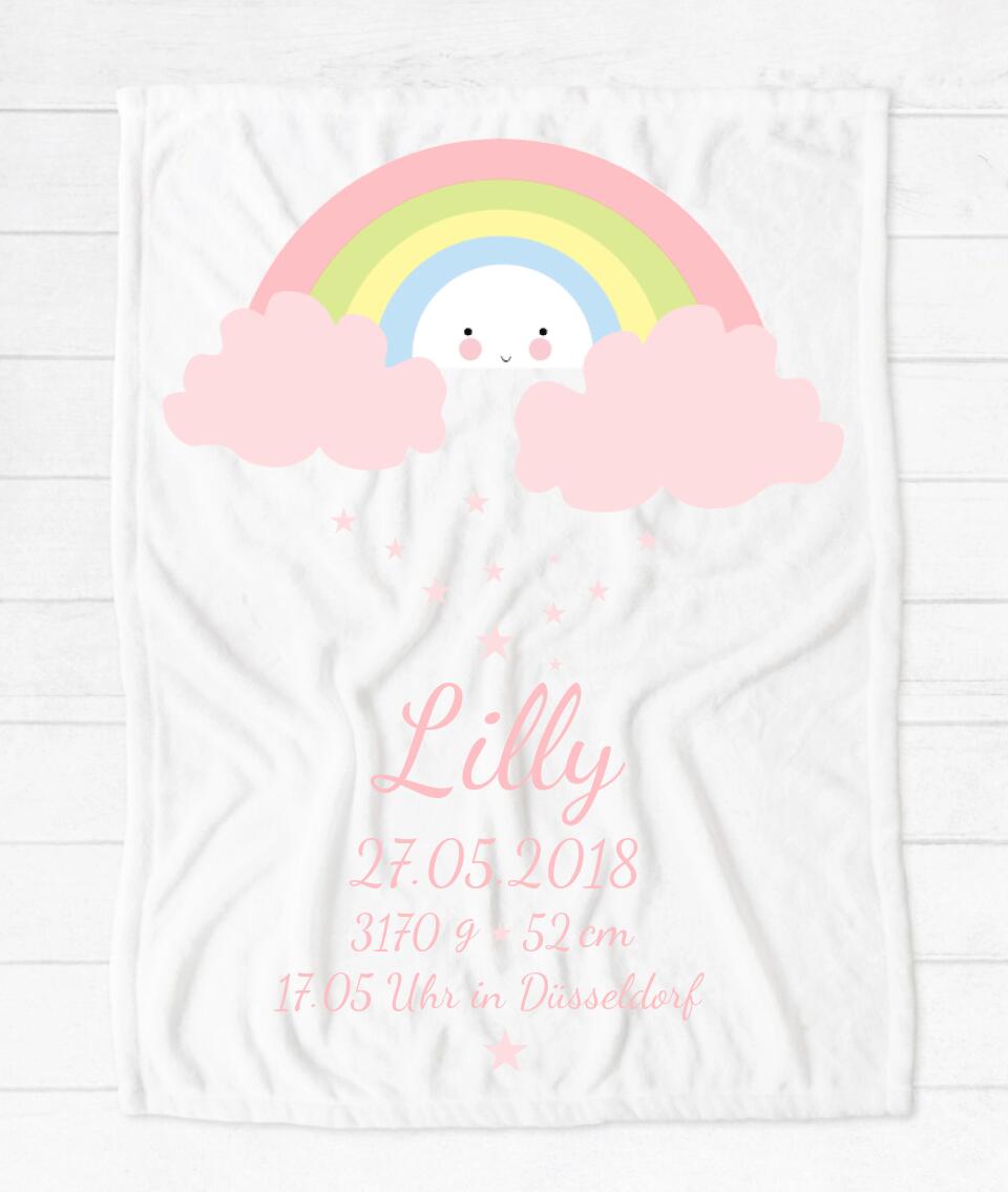 Kuscheliges Geburtsgeschenk Babydecke personalisiert, Geburtsgeschenk, Taufgeschenk, Fleecedecke Regenbogen