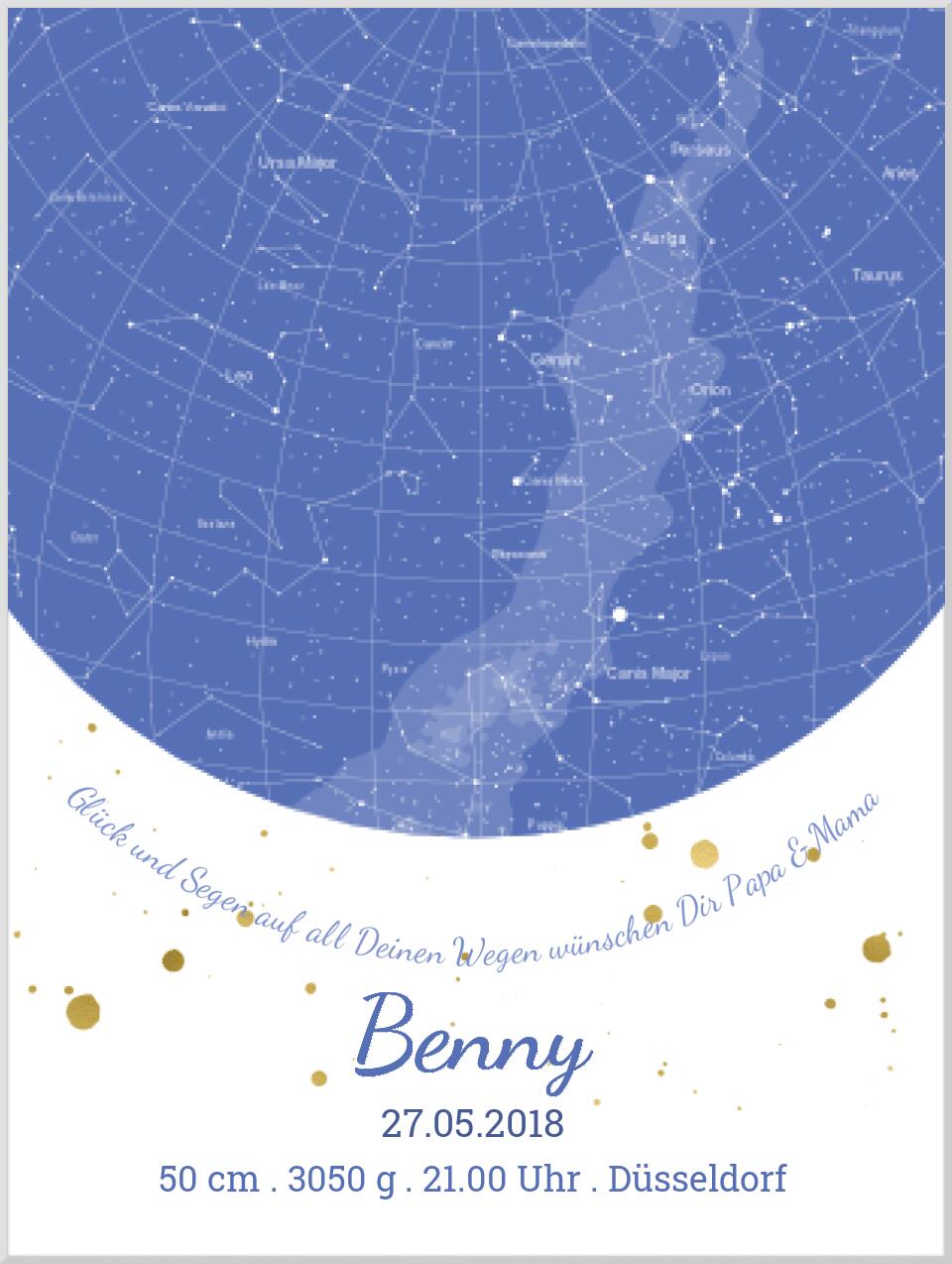 Personalisiertes Sternenbild rot- Sternenhimmel Poster - Sternenkarte Geschenk zur Geburt / Taufe / Geburtstag Junge blau