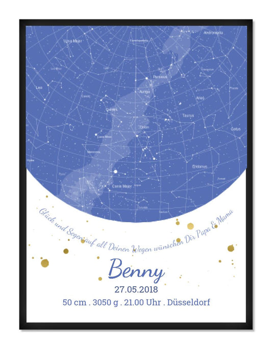 Personalisiertes Sternenbild rot- Sternenhimmel Poster - Sternenkarte Geschenk zur Geburt / Taufe / Geburtstag Junge blau