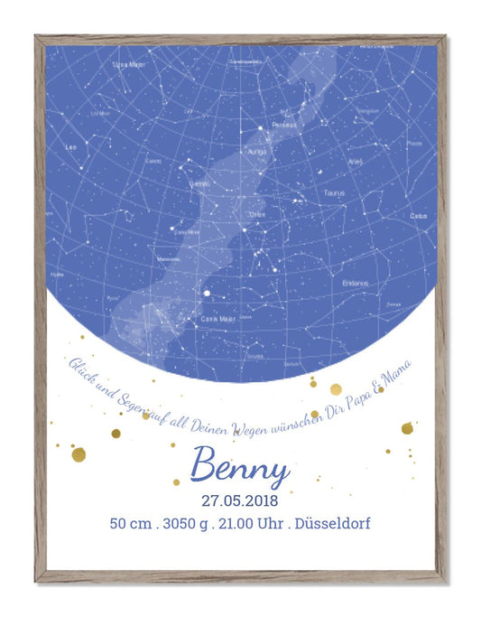 Geburtsgeschenk & Taufgeschenk Poster Geburtsanzeige | Sternenhimmel - Sternkarte Design | Babygeschenk zur Geburt, zur Taufe | Junge Gerahmtes Poster Eichenflair Eichenflair