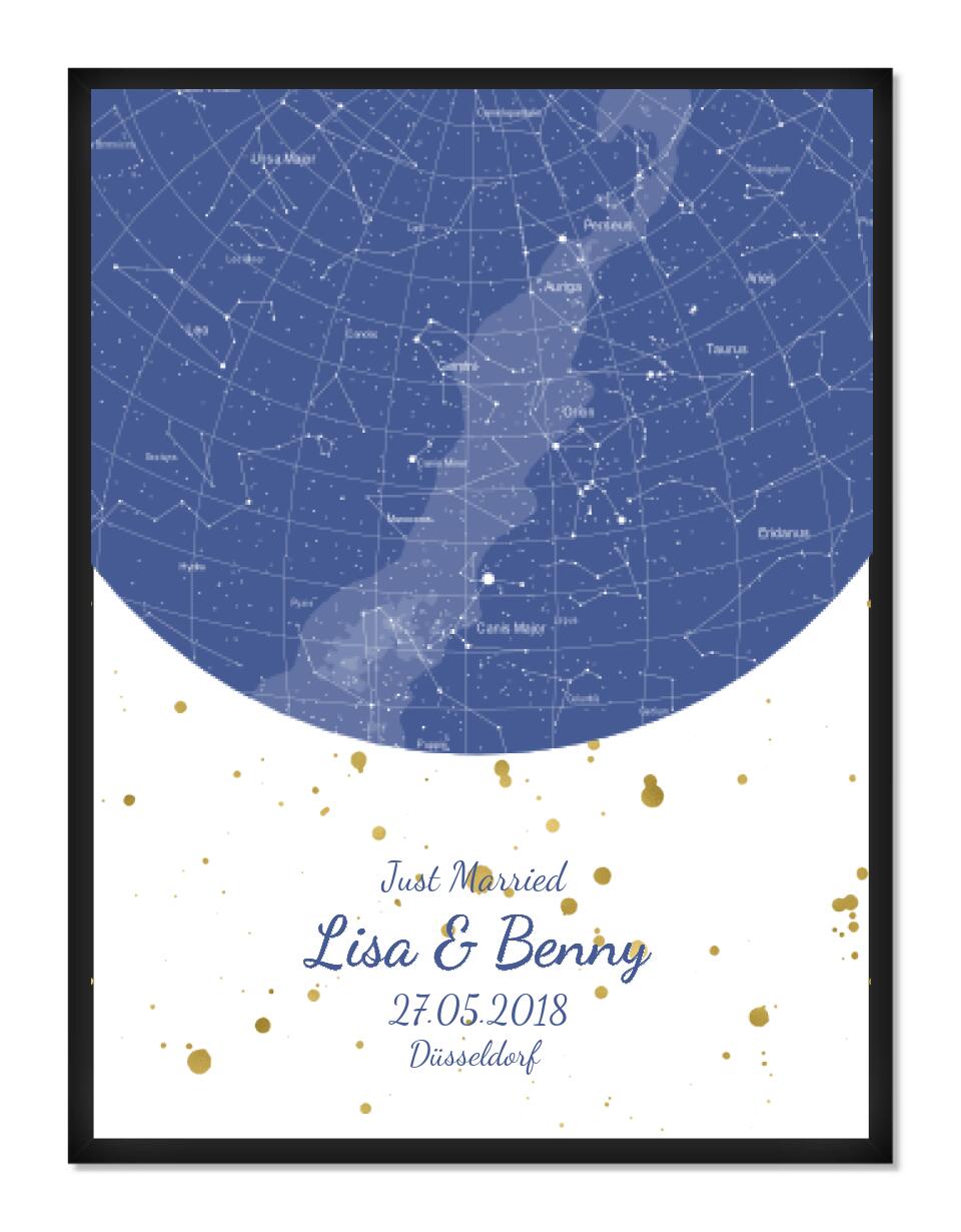 Hochzeitsgeschenk | Personalisierte Sternkarte | Sternenhimmel Poster | Sternkarte Geschenk zur Hochzeit, zur Geburt, zur Taufe | Geschenk Brautpaar Gerahmtes Poster schwarz Holzflair Schwarz