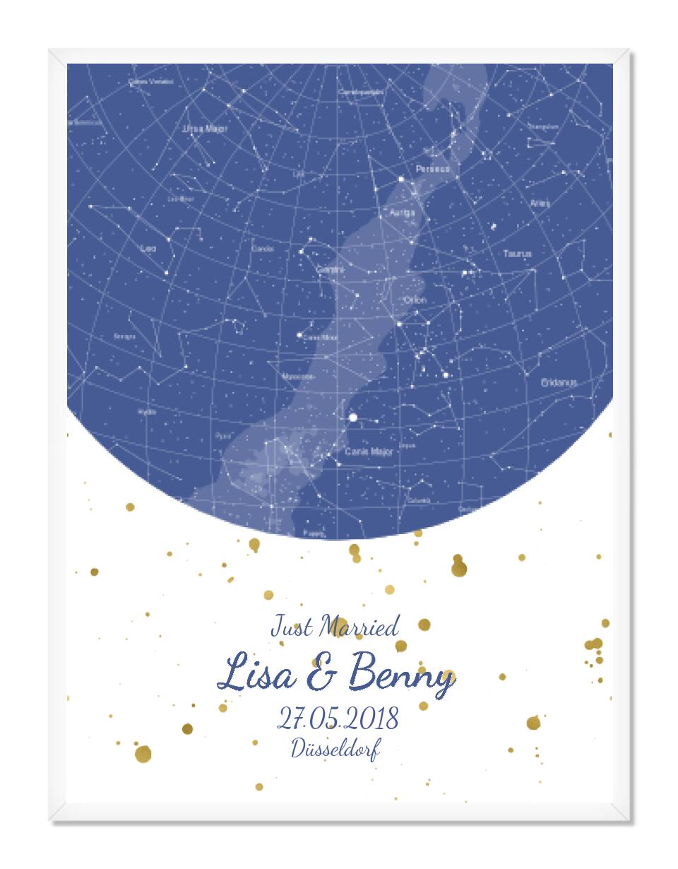 Hochzeitsgeschenk | Personalisierte Sternkarte | Sternenhimmel Poster | Sternkarte Geschenk zur Hochzeit, zur Geburt, zur Taufe | Geschenk Brautpaar Gerahmtes Poster weiß Holzflair Weiß