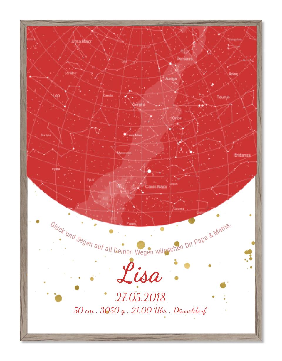 Personalisiertes Sternenbild rot- Sternenhimmel Poster - Sternenkarte Geschenk zur Geburt / Taufe / Geburtstag Mädchen