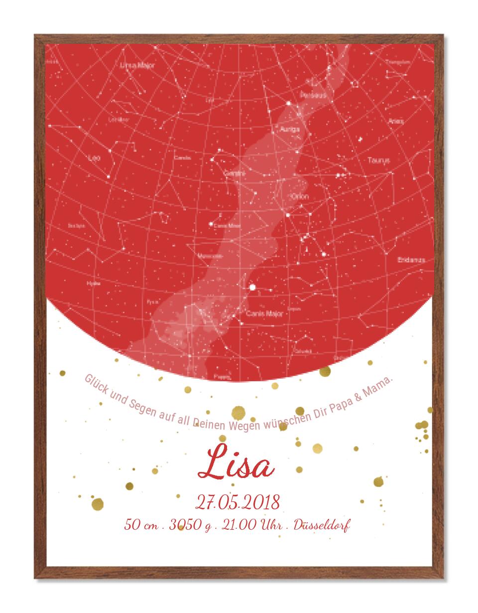 Personalisiertes Sternenbild rot- Sternenhimmel Poster - Sternenkarte Geschenk zur Geburt / Taufe / Geburtstag Mädchen