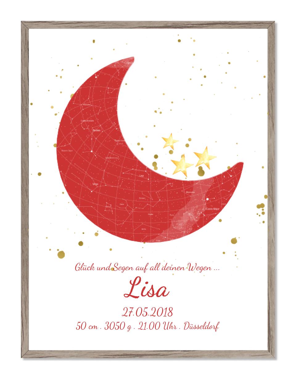 Personalisiertes Mond Sternenbild rot- Sternenhimmel Poster - Sternenkarte Geschenk zur Geburt / Taufe / Geburtstag Mädchen