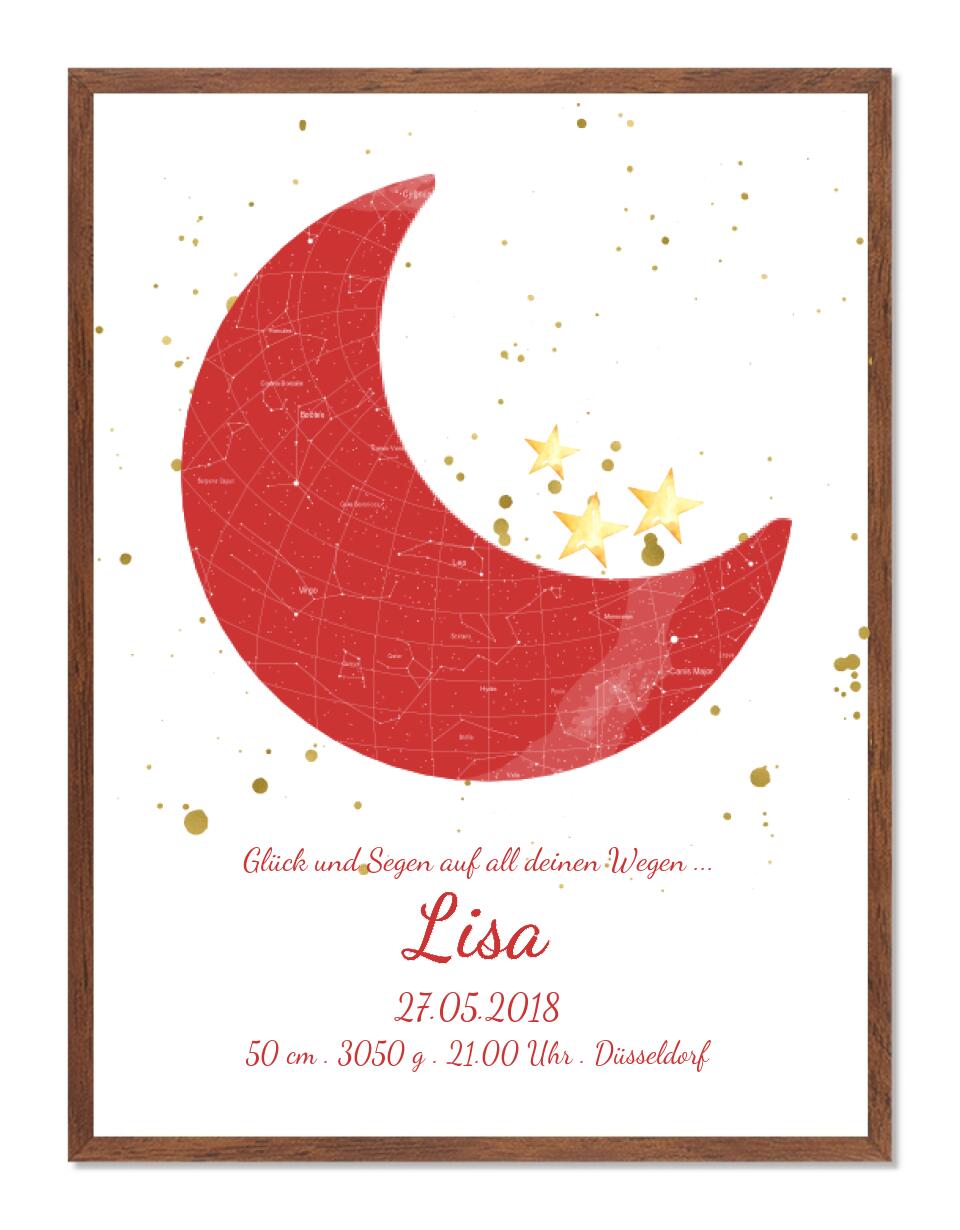 Personalisiertes Mond Sternenbild rot- Sternenhimmel Poster - Sternenkarte Geschenk zur Geburt / Taufe / Geburtstag Mädchen