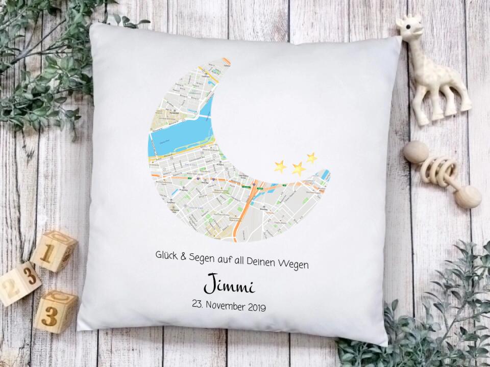 Geburtsgeschenk & Taufgeschenk | Babykissen Geschenk | Babygeschenk Kissen im Koordinaten 
Stadtkarte Design