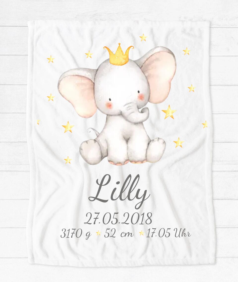 Personalisiertes Babygeschenk - Elefant Geburtsgeschenk Geburtsanzeige Decke - Babydecke Geschenk Geburt - Taufgeschenk