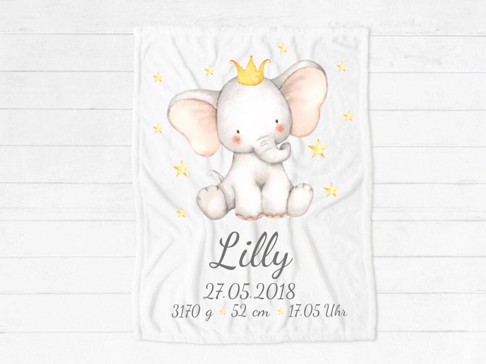 Personalisiertes Babygeschenk - Elefant Geburtsgeschenk Geburtsanzeige Decke - Babydecke Geschenk Geburt - Taufgeschenk