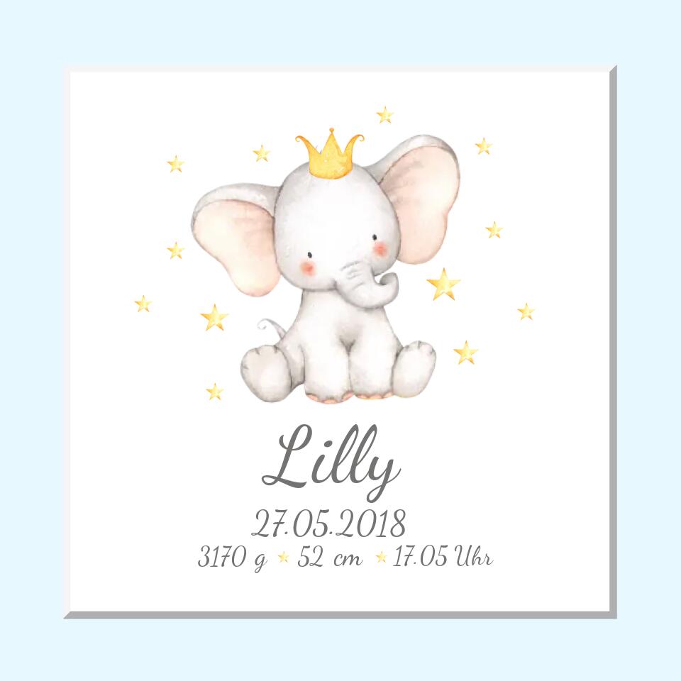 Elefant - Personalisierte Geburtsanzeige + Geburtsposter mit Namen und Geburtsdaten