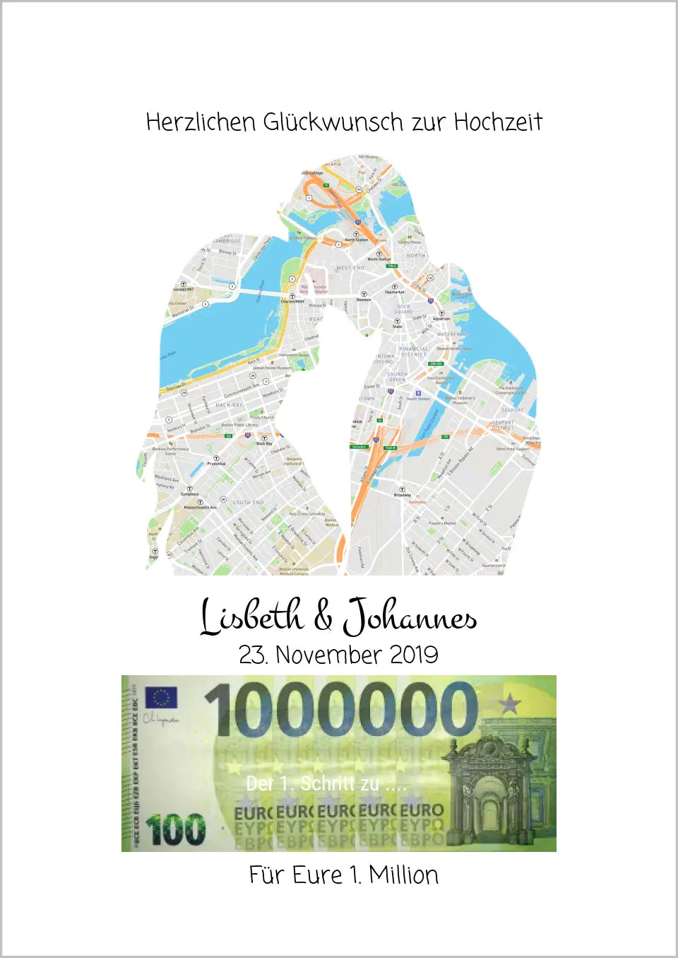 Personalisiertes Geldgeschenk Liebespaar, Geldgeschenk zur Hochzeit, Hochzeitsgeschenk "Für Eure 1. Million" Stadtkarte Design