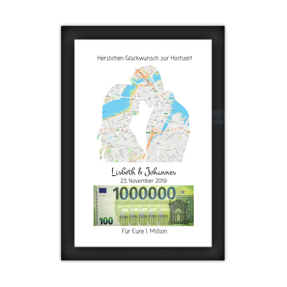 Personalisiertes Geldgeschenk Liebespaar, Geldgeschenk zur Hochzeit, Hochzeitsgeschenk "Für Eure 1. Million" Stadtkarte Design