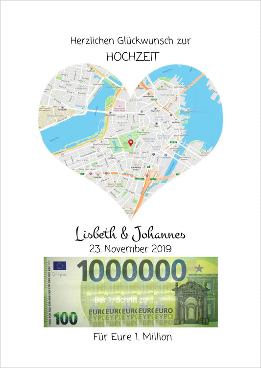 Geldgeschenk Herz Hochzeitsherz personalisiert | Geschenk zur Hochzeit, Hochzeitsgeschenk "Für Eure 1. Million" | Stadtkarte
