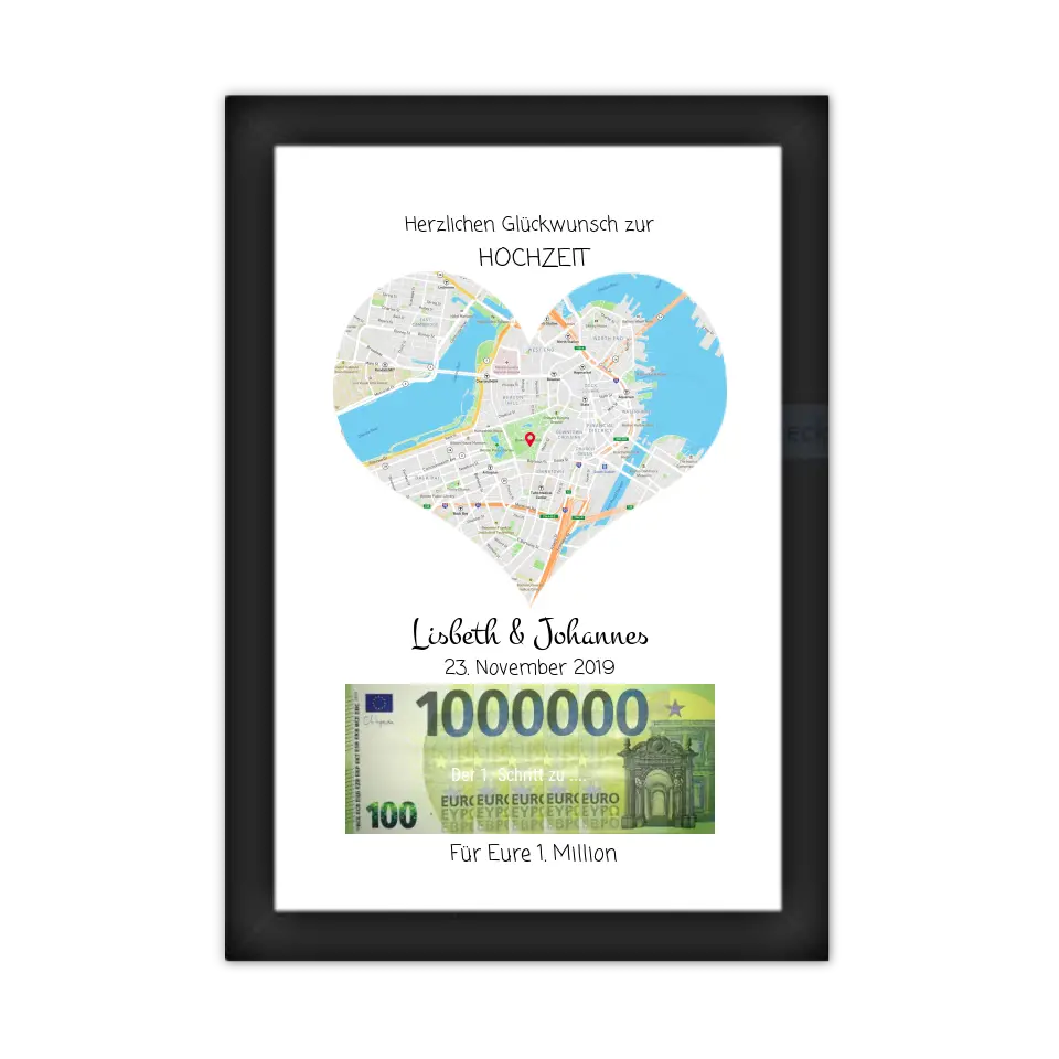 Hochzeitsherz, Personalisiertes Geschenk, Geldgeschenk zur Hochzeit, Hochzeitsgeschenk Für Eure 1. Million Standortkarte