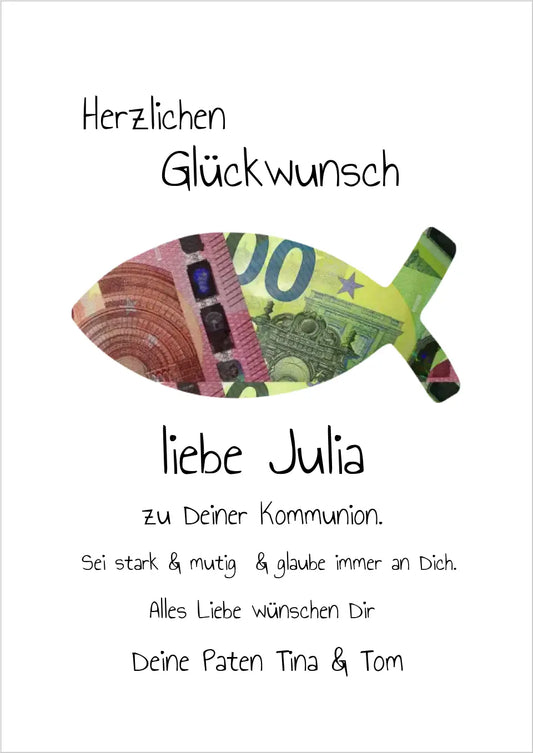 Personalisiertes Geschenk, Geldgeschenk zum Geburtstag, Jugendweihe, Kommunion, Konfirmation, Taufe & Geburt -Fisch zum selberausschneiden