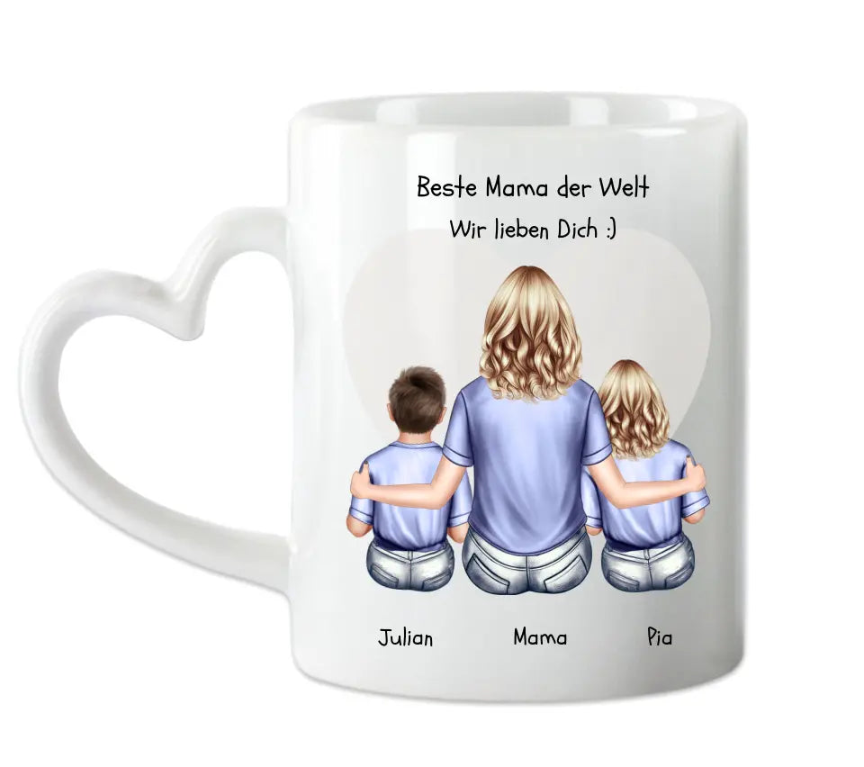 Personalisiertes Geschenk Tasse Muttertag - Mama Geburtstagsgeschenk - Ostergeschenk Tasse mit 2 Kindern