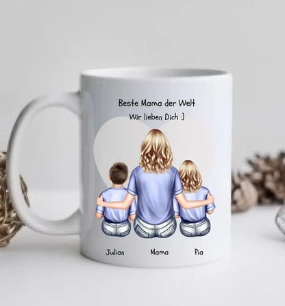 Personalisiertes Geschenk Tasse Muttertag - Mama Geburtstagsgeschenk - Ostergeschenk Tasse mit 2 Kindern