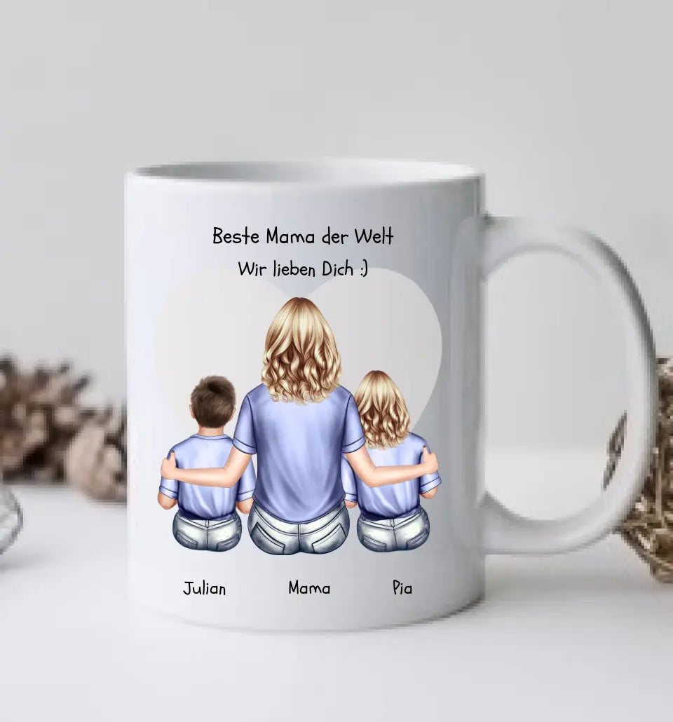 Personalisiertes Geschenk Tasse Muttertag - Mama Geburtstagsgeschenk - Ostergeschenk Tasse mit 2 Kindern