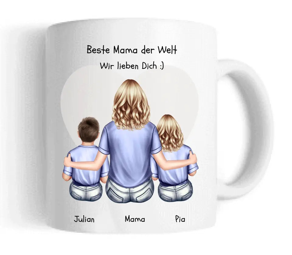 Personalisiertes Geschenk Tasse Muttertag - Mama Geburtstagsgeschenk - Ostergeschenk Tasse mit 2 Kindern