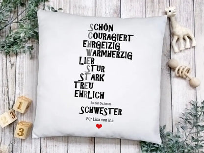 Personalisiertes Sprüche Kissen Schwester, Geburtstagsgeschenk, Ostergeschenk & Weihnachtsgeschenk von Zeitraum-Kunstdrucke