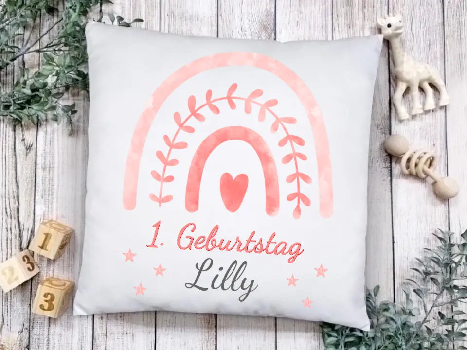 1. Geburtstag personalisiertes Babykissen mit Regenbogen-Geburtstagsgeschenk, Babygeschenk Kissen-Weihnachtsgeschenk rosa