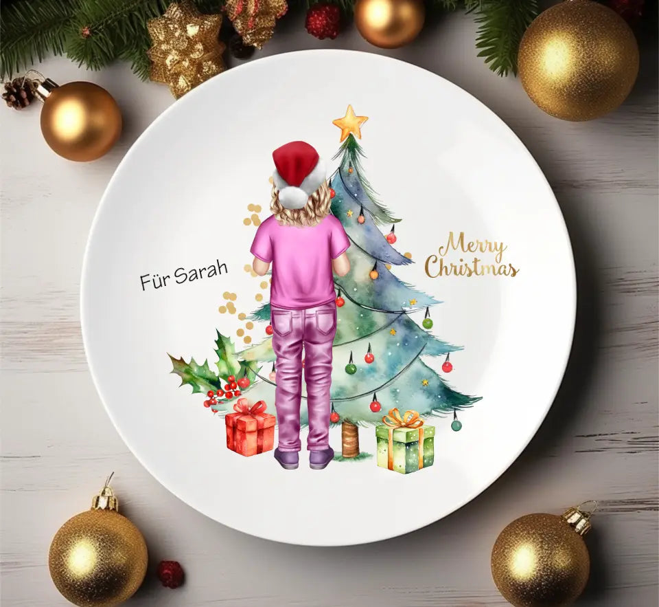 Personalisiertes Weihnachtsgeschenk Tasse / Teller Junge, Mädchen mit Name und Outfit
