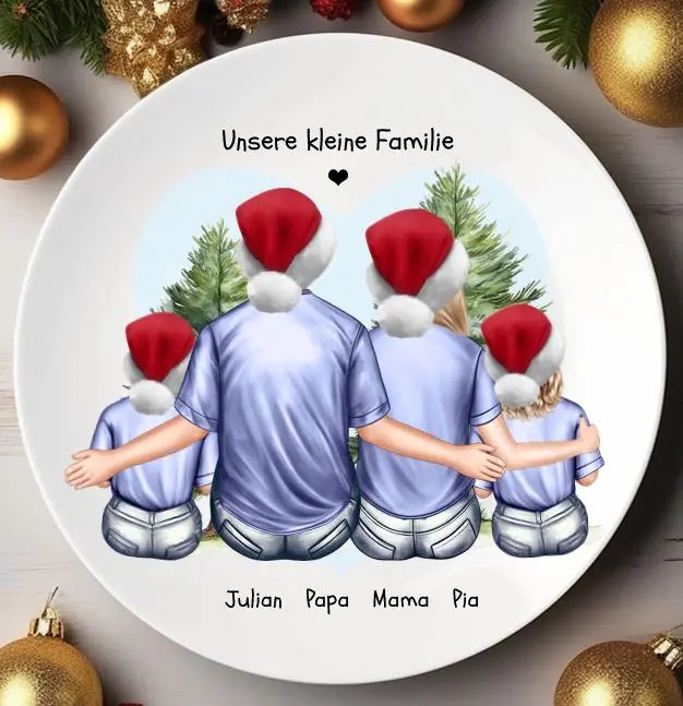 Adventsteller / Weihnachtsteller mit Paarbild Mann & Frau & 2 Kindern personalisiert mit Namen, Spruch und Kleidung - Familiengeschenk personalisiertes Nikolausgeschenk & Weihnachtsgeschenk