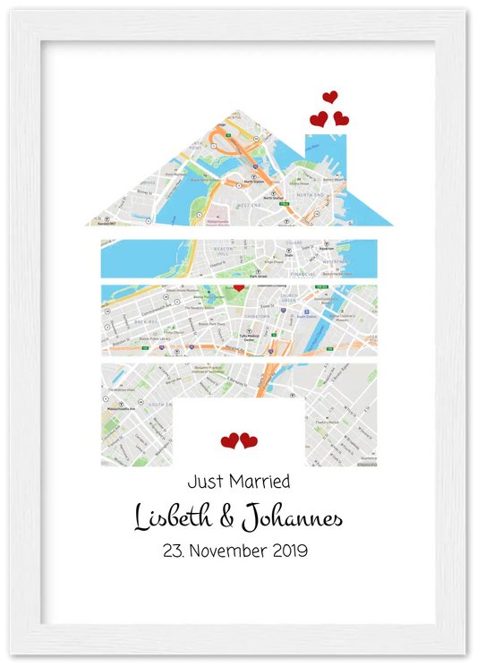 Hochzeitsgeschenk | Gerahmtes Koordinaten Poster Haus im Stadtkarte Design | Geschenkidee Hochzeit  -Valentinstaggeschenk | Geburtstagsgeschenk