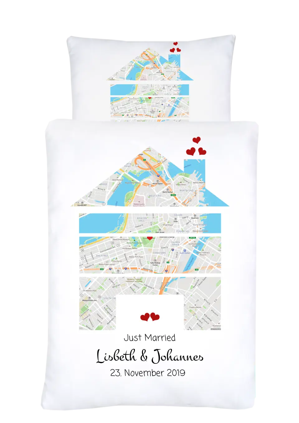 Hochzeitsgeschenk Just Married | Personalisierter Bettbezug Haus Motiv | Geschenk zur Hochzeit, Valentin, Liebe im Koordinaten Stadtkarte Design