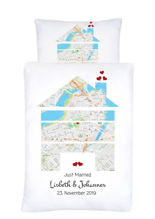 Hochzeitsgeschenk Just Married | Personalisierter Bettbezug Haus Motiv | Geschenk zur Hochzeit, Valentin, Liebe im Koordinaten Stadtkarte Design