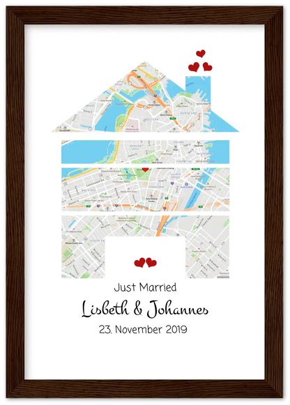 Hochzeitsgeschenk | Gerahmtes Koordinaten Poster Haus im Stadtkarte Design | Geschenkidee Hochzeit  -Valentinstaggeschenk | Geburtstagsgeschenk