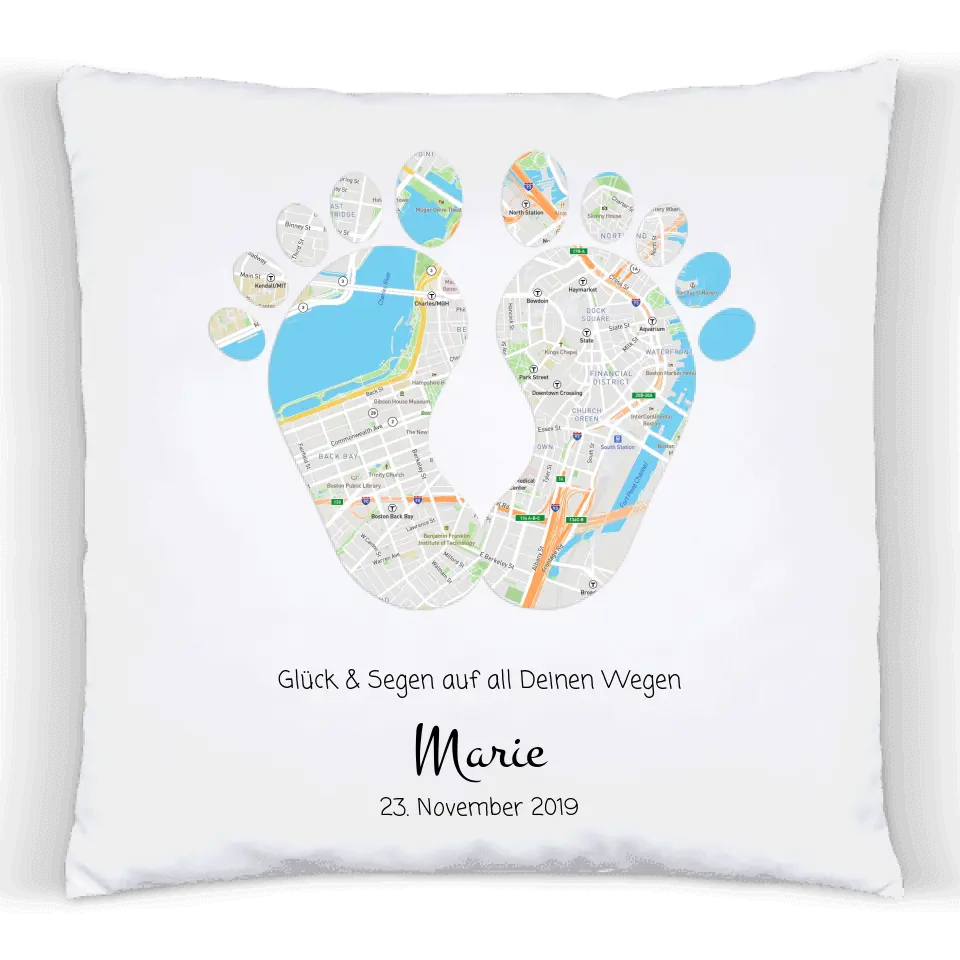 Geburtsgeschenk & Taufgeschenk | Babykissen Geschenk | Kinderkissen Babygeschenk Kissen im Koordinaten Stadtkarte Design | Füße