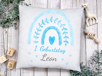 1. Geburtstag personalisiertes Babykissen mit Regenbogen-Geburtstagsgeschenk, Babygeschenk Kissen-Weihnachtsgeschenk blau