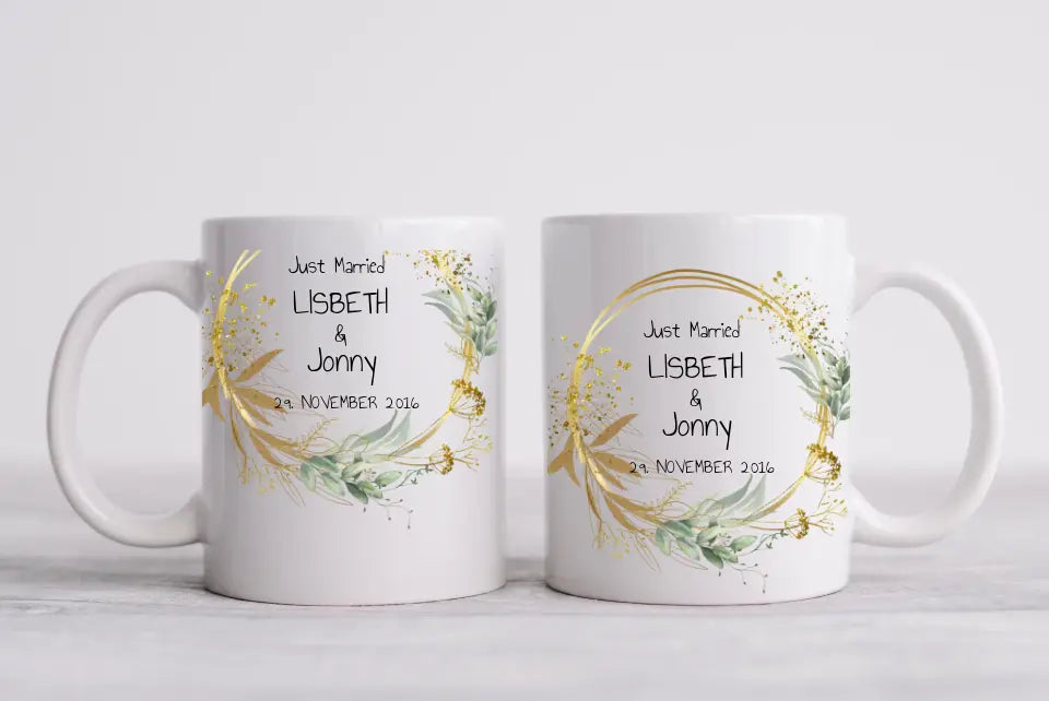 Personalisierte Hochzeitstasse Hochzeitsgeschenk Blumenkranz Brautpaar, Kaffeebecher - Geschenk Hochzeit