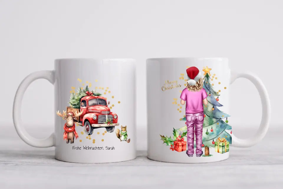 Personalisierte Tasse für Kinder zu Weihnachten mit Kleidung, Namen und Text gestaltbar. Weihnachtstasse