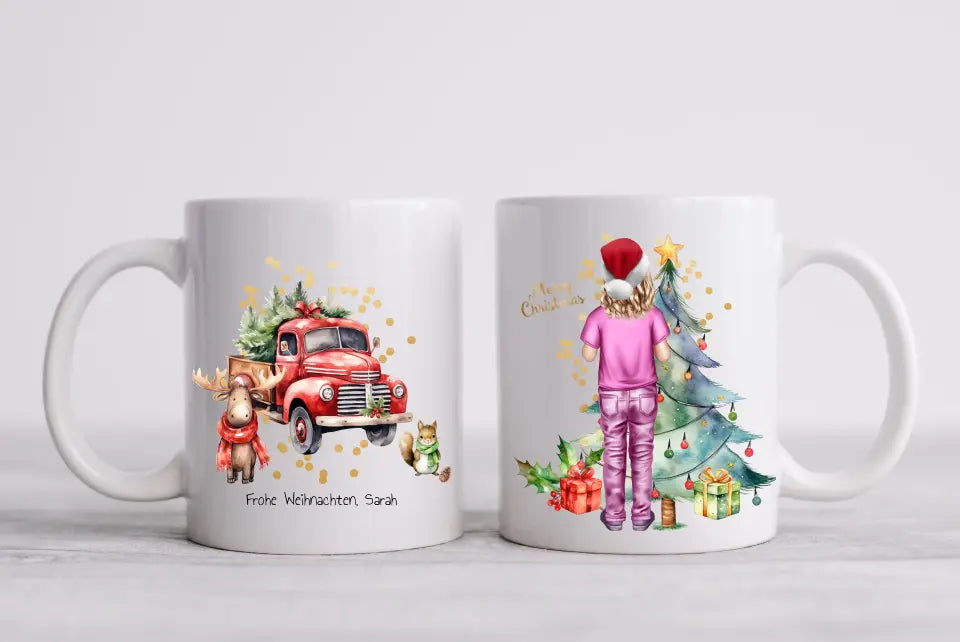 Personalisiertes Weihnachtsgeschenk Tasse / Teller Junge, Mädchen mit Name und Outfit