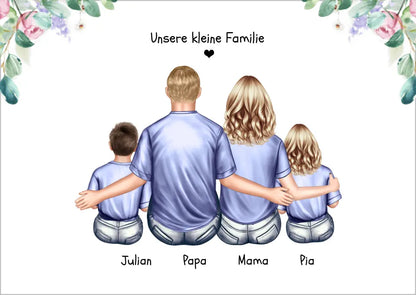Familienbild mit 2 Kindern - personalisiertes Geschenk Papa -Geschenk Mama - Muttertagsgeschenk - Vatertagsgeschenk - Geburtstagsgeschenk