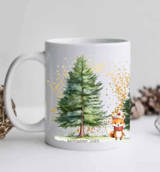 Personalisierte Tasse Geschenk, Weihnachtstasse, Nikolaustasse mit Waldtieren, Weihnachtstanne, Namen und Text, Kindertasse