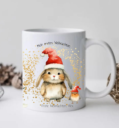 Personalisierte Tasse Geschenk, Weihnachtstasse, Nikolaustasse mit Waldtieren, Weihnachtstanne, Namen und Text, Kindertasse