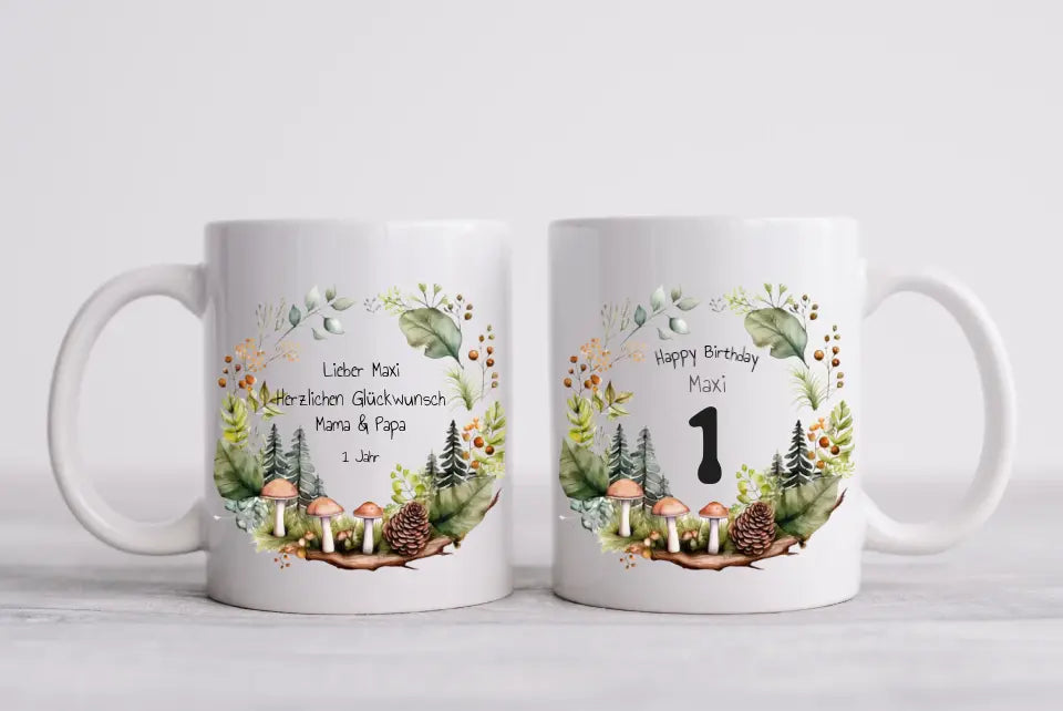 Kindertasse Wald, Natur, Personalisierte Tasse Geschenk, Geburtstagstasse mit Namen und Text