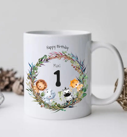 Dschungeltiere Kindertasse - Personalisierte Tasse Geschenk, Geburtstagstasse mit Geburtstagszahl, Namen und Text