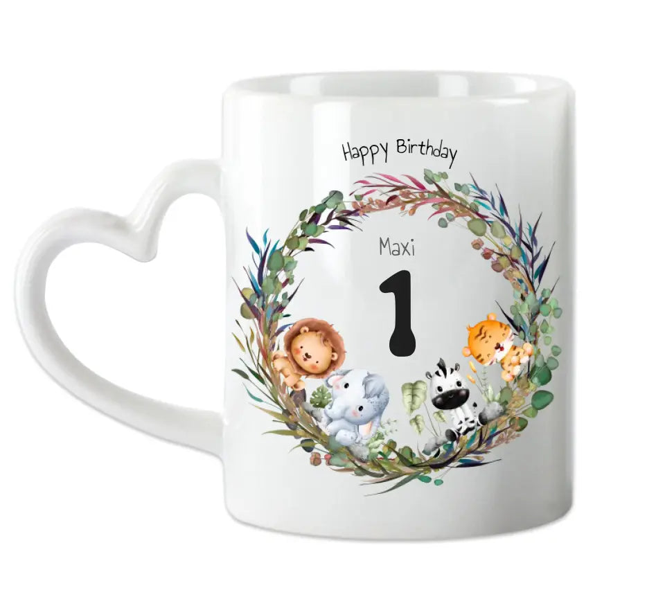 Dschungeltiere Kindertasse - Personalisierte Tasse Geschenk, Geburtstagstasse mit Geburtstagszahl, Namen und Text