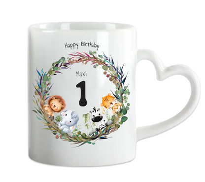 Dschungeltiere Kindertasse - Personalisierte Tasse Geschenk, Geburtstagstasse mit Geburtstagszahl, Namen und Text