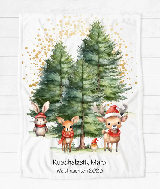 Personalisiertes kuschelige Weihnachtsdecke als Weihnachtsgeschenk für Babys und Kleinkinder Babydecke, Kinderdecke Tannen Waldtiere