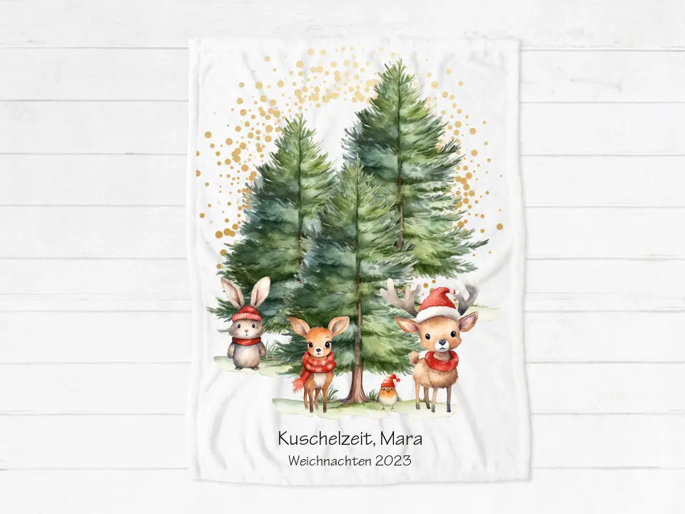 Personalisiertes kuschelige Weihnachtsdecke als Weihnachtsgeschenk für Babys und Kleinkinder Babydecke, Kinderdecke Tannen Waldtiere