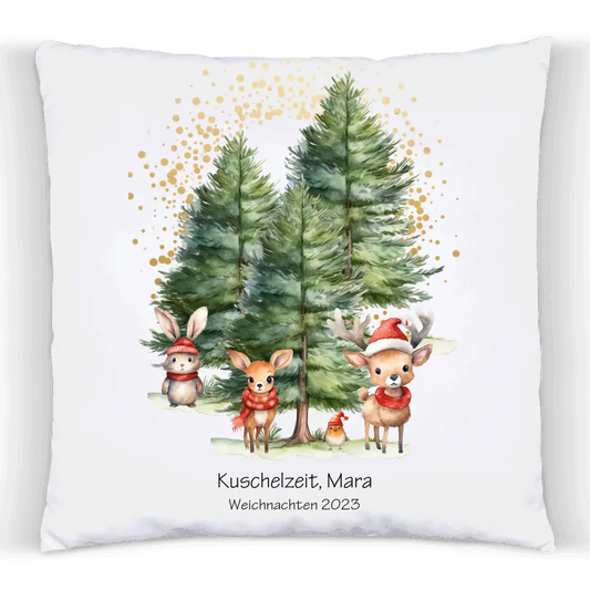 Weihnachtsgeschenk personalisiertes Geschenk kuscheliges Kissen mit Tannen Waldtieren für Kinder mit Namen und Wunschtext