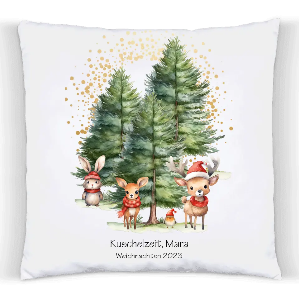 Weihnachtsgeschenk personalisiertes Geschenk kuscheliges Kissen mit Tannen Waldtieren für Kinder mit Namen und Wunschtext